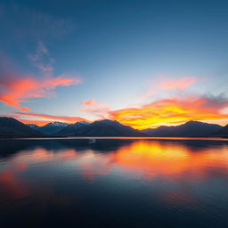 A serene landscape with a vibrant sunset over a calm lake surrounded by towering mountains