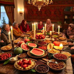 A beautifully arranged traditional Yalda night, featuring a large table covered with a rich spread of symbolic foods, including pomegranates, watermelons, nuts, and dried fruits