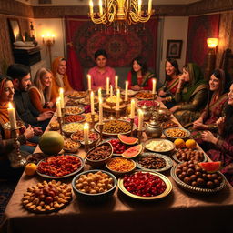 A beautifully arranged traditional Yalda night, featuring a large table covered with a rich spread of symbolic foods, including pomegranates, watermelons, nuts, and dried fruits