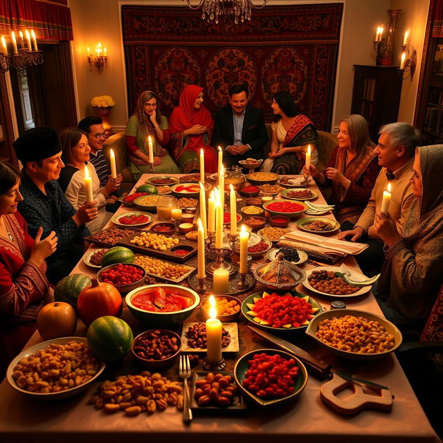 A beautifully arranged traditional Yalda night, featuring a large table covered with a rich spread of symbolic foods, including pomegranates, watermelons, nuts, and dried fruits