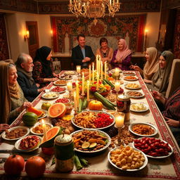 A beautifully arranged traditional Yalda night, featuring a large table covered with a rich spread of symbolic foods, including pomegranates, watermelons, nuts, and dried fruits