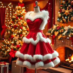 A glamorous Santa Claus dress displayed elegantly on a mannequin in a festive setting