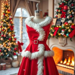A glamorous Santa Claus dress displayed elegantly on a mannequin in a festive setting