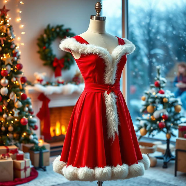 A glamorous Santa Claus dress displayed elegantly on a mannequin in a festive setting