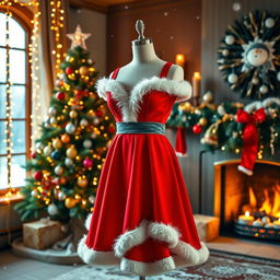 A glamorous Santa Claus dress displayed elegantly on a mannequin in a festive setting
