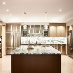 Modern kitchen with stainless steel appliances, smooth granite countertops, a large island in the center, and stylish pendant lights.