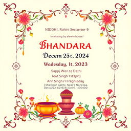 An elegant and festive invitation card for a Bhandara organized by NIDHI, Rohini Sector-9