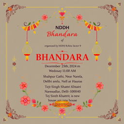 An elegant and festive invitation card for a Bhandara organized by NIDHI, Rohini Sector-9