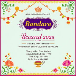An elegant and festive invitation card for a Bhandara organized by NIDHI, Rohini Sector-9