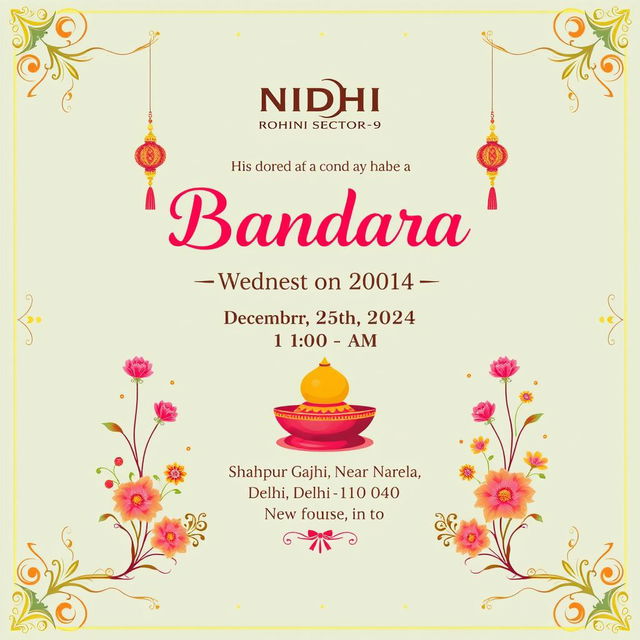 An elegant and festive invitation card for a Bhandara organized by NIDHI, Rohini Sector-9