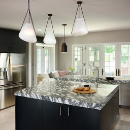 Modern kitchen with stainless steel appliances, smooth granite countertops, a large island in the center, and stylish pendant lights.