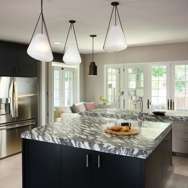 Modern kitchen with stainless steel appliances, smooth granite countertops, a large island in the center, and stylish pendant lights.