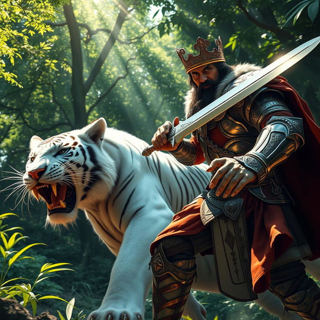 A dynamic and intense scene depicting a king in ornate armor, valiantly battling a powerful white tiger in a lush forest backdrop