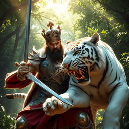 A dynamic and intense scene depicting a king in ornate armor, valiantly battling a powerful white tiger in a lush forest backdrop
