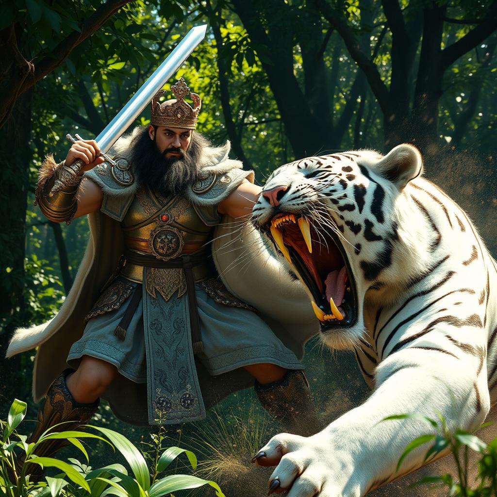 A dynamic and intense scene depicting a king in ornate armor, valiantly battling a powerful white tiger in a lush forest backdrop