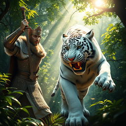 A dynamic and intense scene depicting a king in ornate armor, valiantly battling a powerful white tiger in a lush forest backdrop