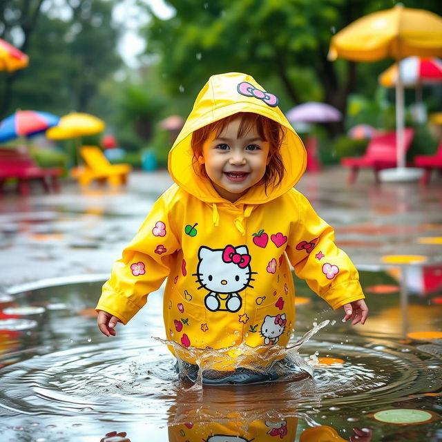 A cute, playful scene featuring a girl wearing a Hello Kitty raincoat