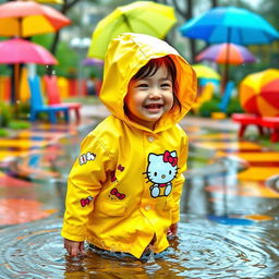 A cute, playful scene featuring a girl wearing a Hello Kitty raincoat