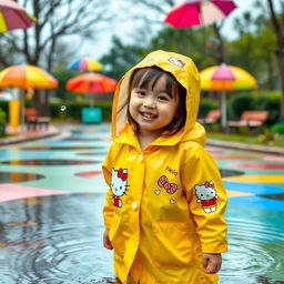 A cute, playful scene featuring a girl wearing a Hello Kitty raincoat