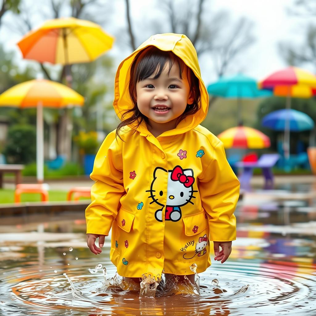 A cute, playful scene featuring a girl wearing a Hello Kitty raincoat