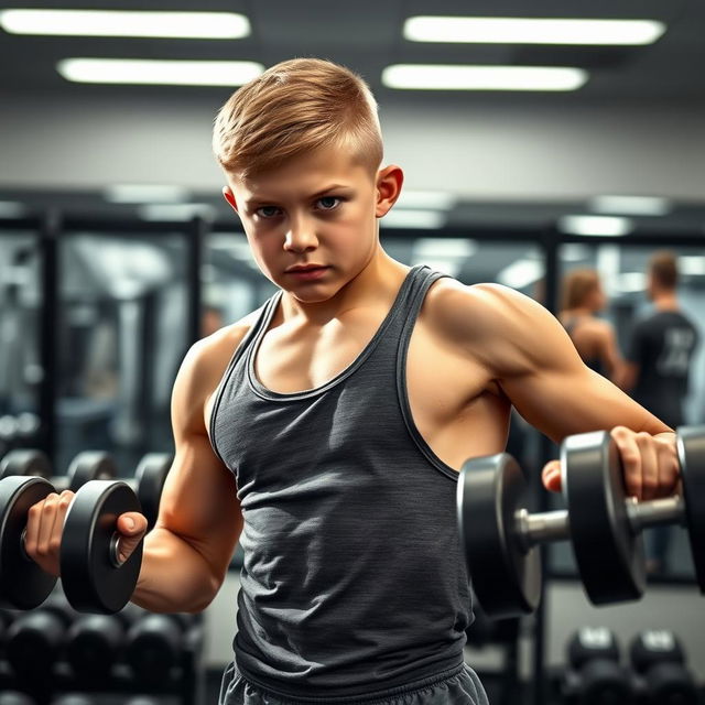 A muscular and fit young boy demonstrating resistance training in a gym environment