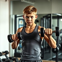 A muscular and fit young boy demonstrating resistance training in a gym environment