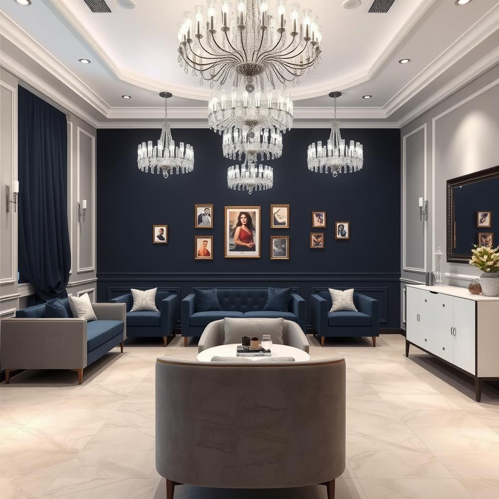 A stylish reception area measuring 50 square meters, featuring elegant gray-white walls adorned with jeweled silver chandeliers