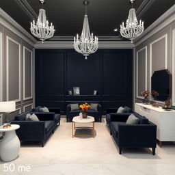 A stylish reception area measuring 50 square meters, featuring elegant gray-white walls adorned with jeweled silver chandeliers