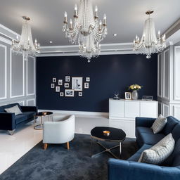 A stylish reception area measuring 50 square meters, featuring elegant gray-white walls adorned with jeweled silver chandeliers