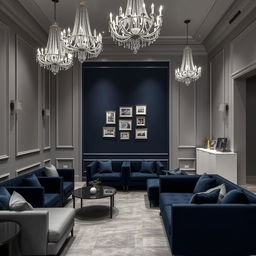 A stylish reception area measuring 50 square meters, featuring elegant gray-white walls adorned with jeweled silver chandeliers
