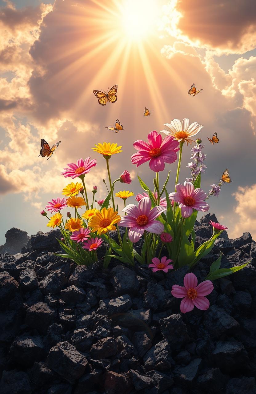A beautiful and vibrant scene depicting flowers blooming from ashes, illustrating the contrast between life and destruction