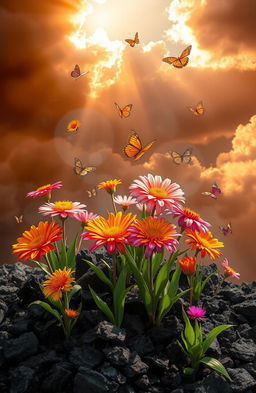 A beautiful and vibrant scene depicting flowers blooming from ashes, illustrating the contrast between life and destruction