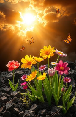 A beautiful and vibrant scene depicting flowers blooming from ashes, illustrating the contrast between life and destruction
