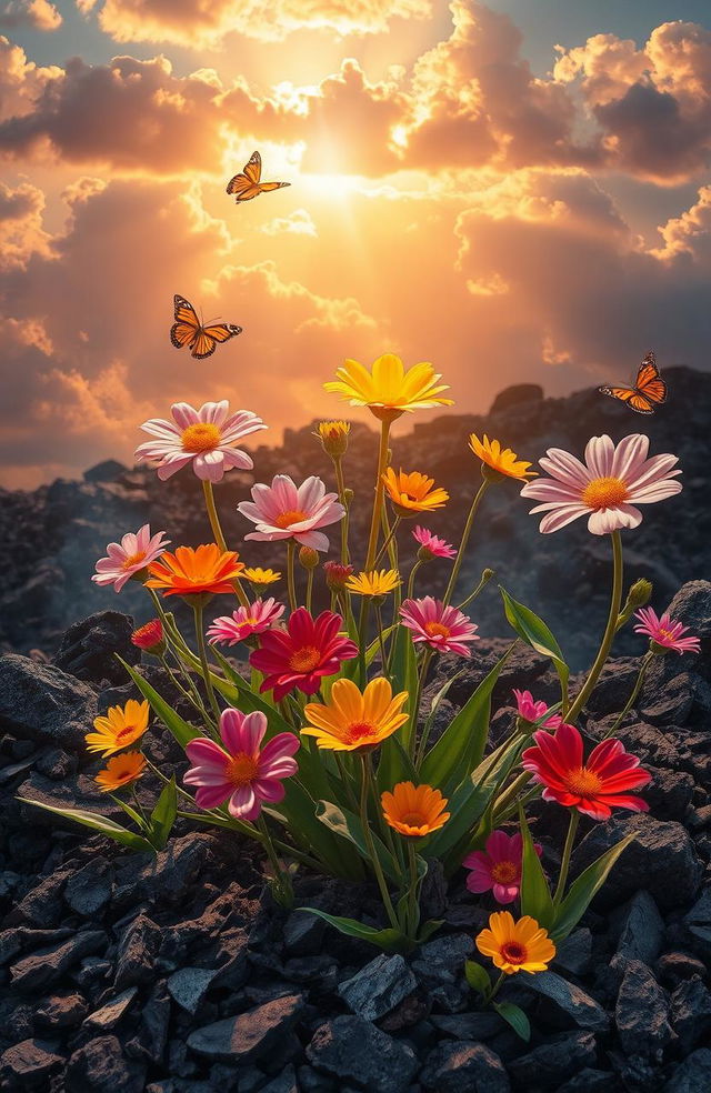A beautiful and vibrant scene depicting flowers blooming from ashes, illustrating the contrast between life and destruction