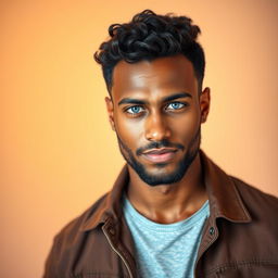 A portrait of an attractive man with a confident expression, dressed in a stylish casual outfit, featuring a well-groomed beard and short curly hair