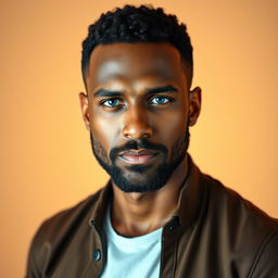 A portrait of an attractive man with a confident expression, dressed in a stylish casual outfit, featuring a well-groomed beard and short curly hair