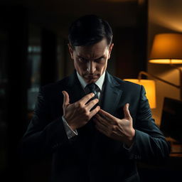 A mysterious figure in a confidential pose, with their hands positioned thoughtfully, as if guarding a secret