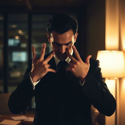 A mysterious figure in a confidential pose, with their hands positioned thoughtfully, as if guarding a secret