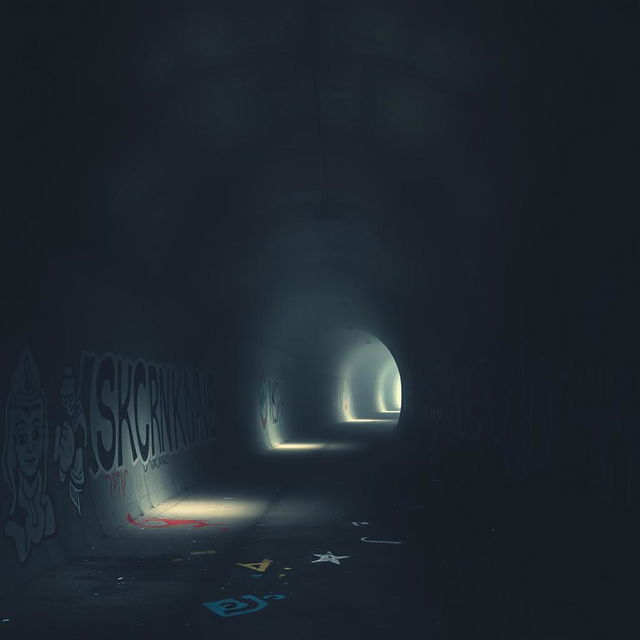 A surreal, dark tunnel scene symbolizing political tensions and conflicts, with shadows and light playing through the tunnel's arched ceiling