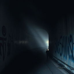 A surreal, dark tunnel scene symbolizing political tensions and conflicts, with shadows and light playing through the tunnel's arched ceiling
