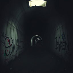 A surreal, dark tunnel scene symbolizing political tensions and conflicts, with shadows and light playing through the tunnel's arched ceiling