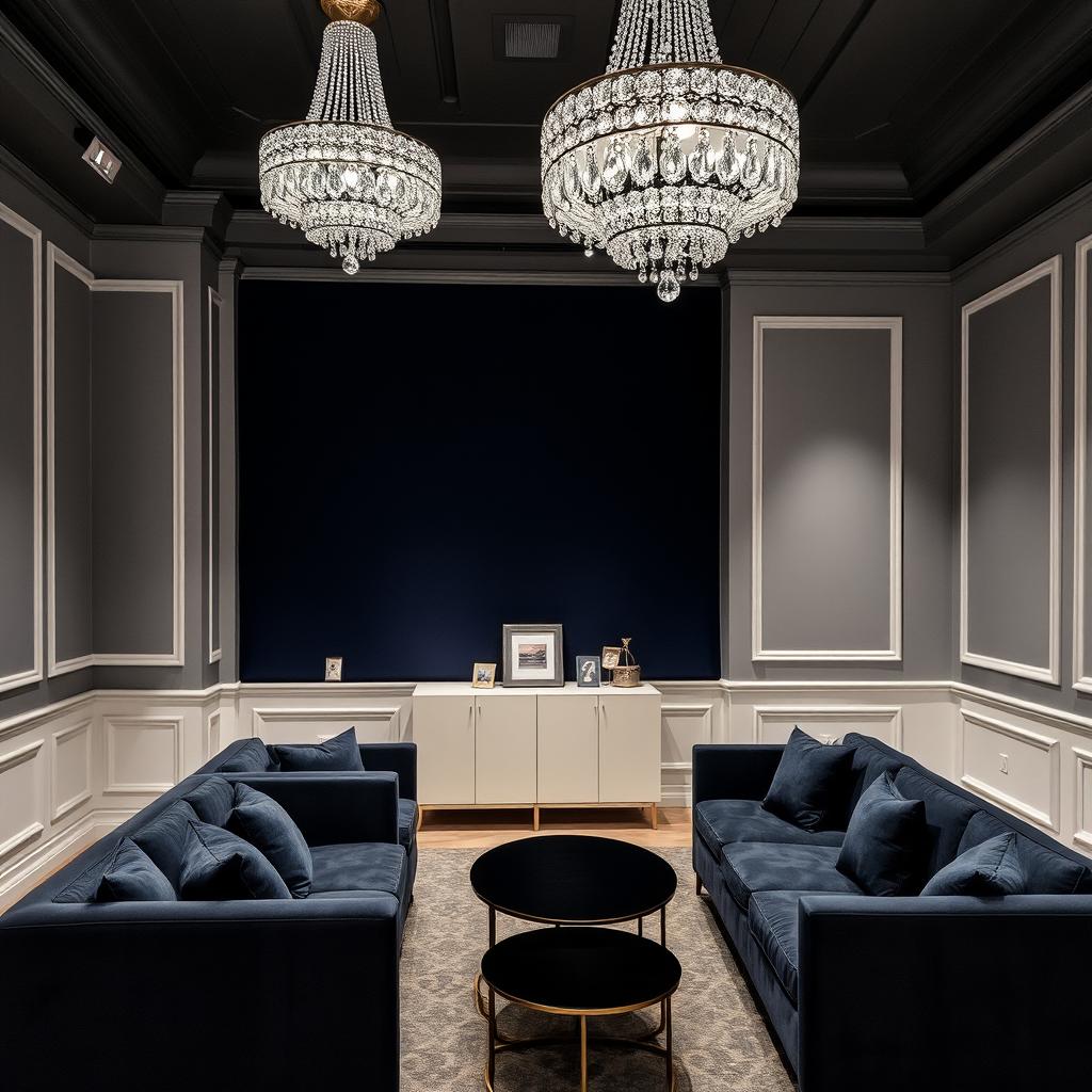A sophisticated reception area measuring 50 square meters, featuring stylish gray-white walls and two elegant jeweled silver chandeliers hanging from the ceiling