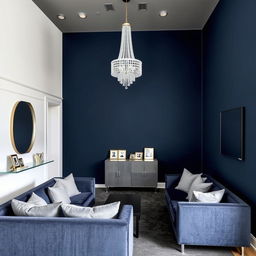 A sophisticated reception area measuring 50 square meters, featuring stylish gray-white walls and two elegant jeweled silver chandeliers hanging from the ceiling
