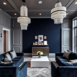A sophisticated reception area measuring 50 square meters, featuring stylish gray-white walls and two elegant jeweled silver chandeliers hanging from the ceiling