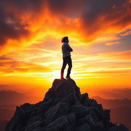 An inspiring and powerful image depicting a person standing atop a mountain peak, gazing confidently at the horizon