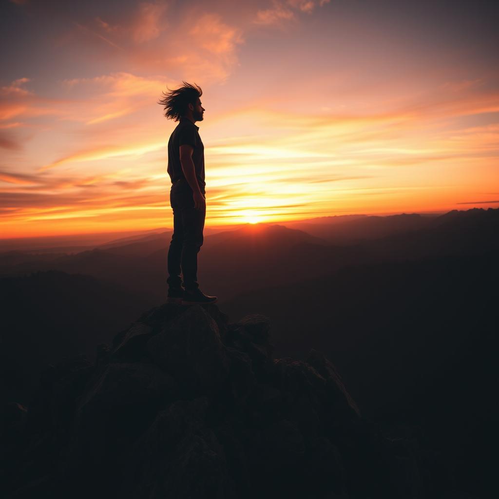 An inspiring and powerful image depicting a person standing atop a mountain peak, gazing confidently at the horizon