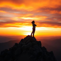 An inspiring and powerful image depicting a person standing atop a mountain peak, gazing confidently at the horizon