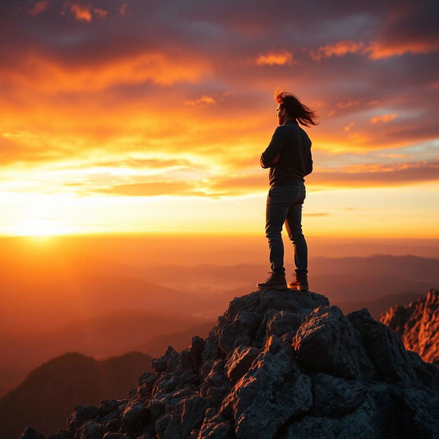 An inspiring and powerful image depicting a person standing atop a mountain peak, gazing confidently at the horizon