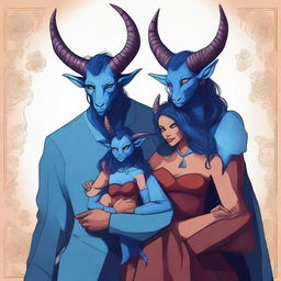 A high-quality digital art representation of a modern family of three blue tieflings, including a father, mother, and baby girl