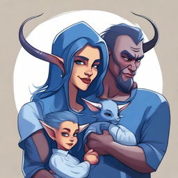 A high-quality digital art representation of a modern family of three blue tieflings, including a father, mother, and baby girl